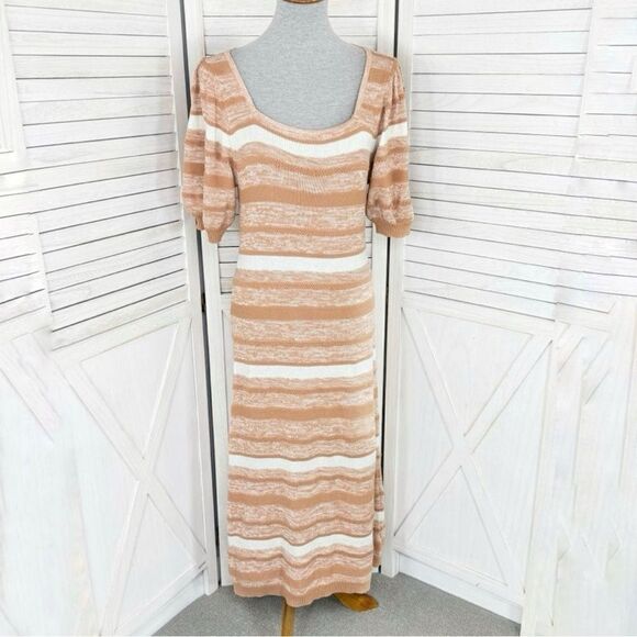 Amour Vert Vivienne Striped Sweater Dress Tan White Large Puff Sleeve Cotton - Picture 1 of 14